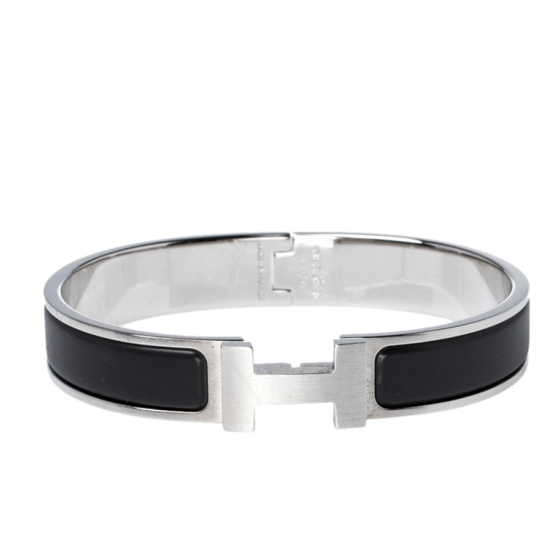 Pre Owned Hermes Clic HH Noir Matte Enamel Palladium Plated Bracelet