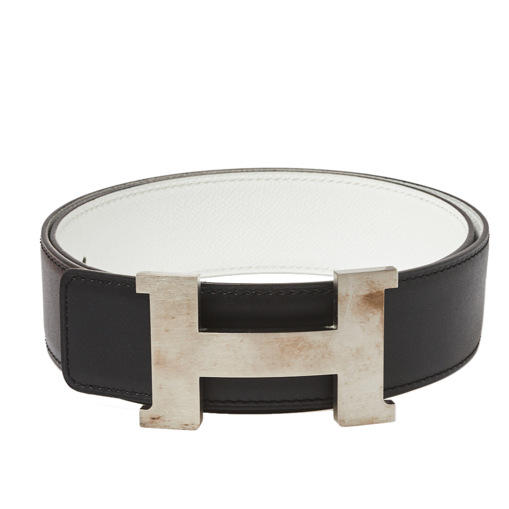 

Hermés Black/White Swift and Epsom Leather Constance Reversible Belt