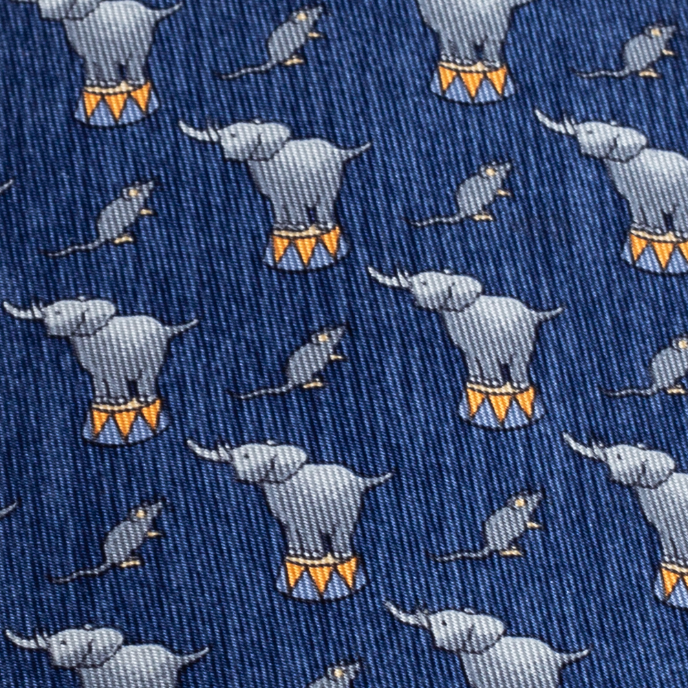 

Hermès Navy Blue Elephant & Mouse Print Silk Tie