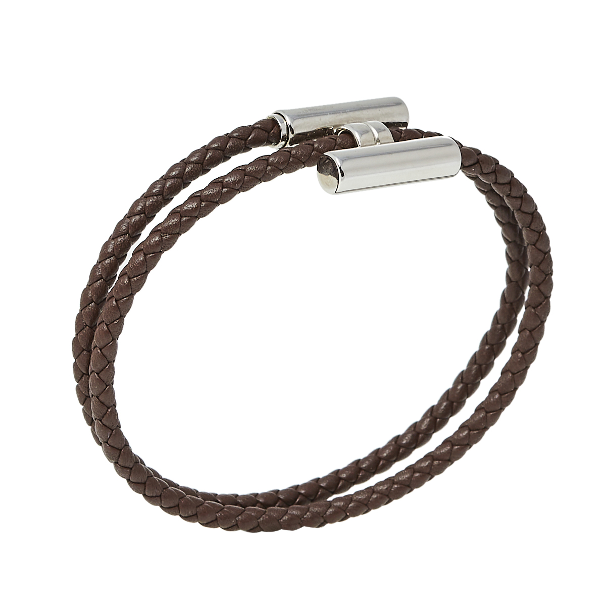 

Hermes Tournis Tresse Brown Leather Palladium Plated Bracelet