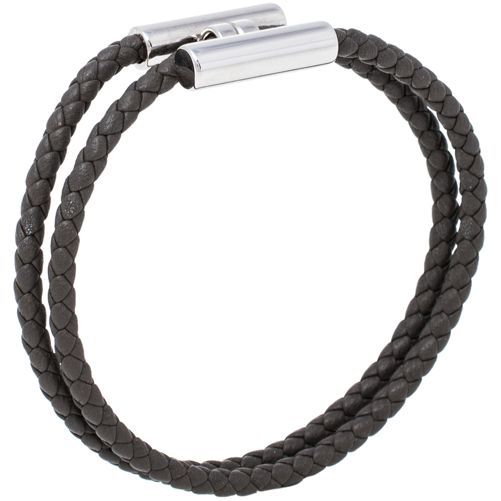 

Hermès Tournis Tresse Grey Leather Palladium Plated Bracelet