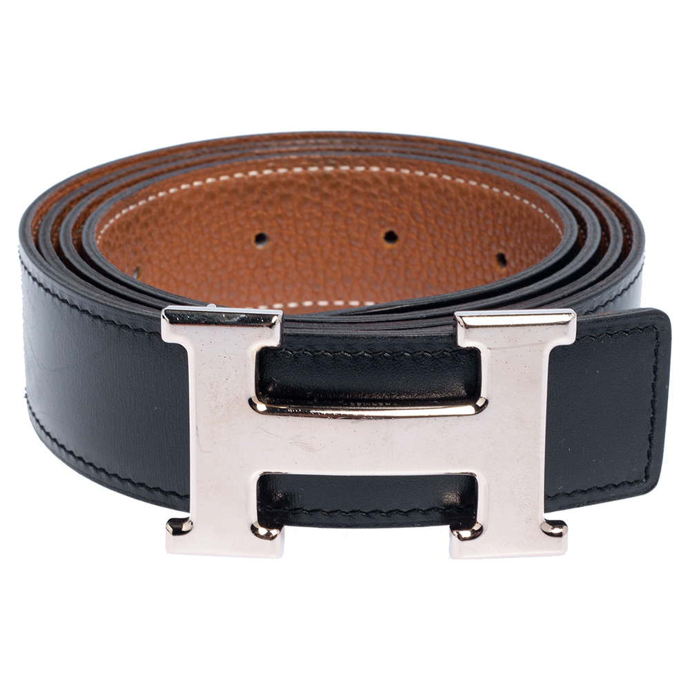 

Hermès Noir/Gold Box and Togo Leather H Buckle Reversible Belt, Black