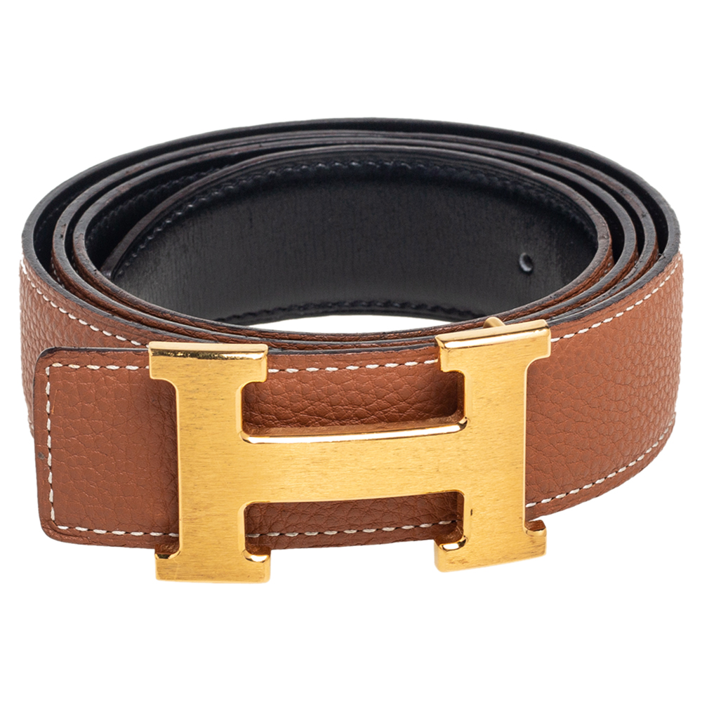 

Hermes Gold/Noir Togo and Box Leather H Reversible Buckle Belt, Brown
