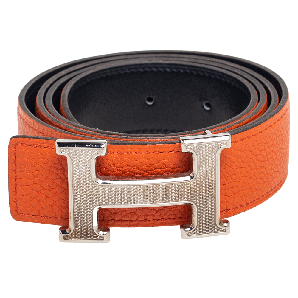

Hermes Orange/Noir Togo and Box Leather H Reversible Buckle Belt