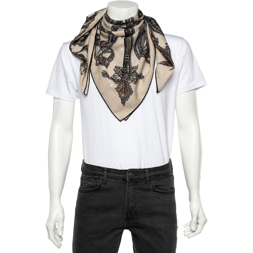 

Hermes Beige Caducee Rock Cashmere & Silk Scarf