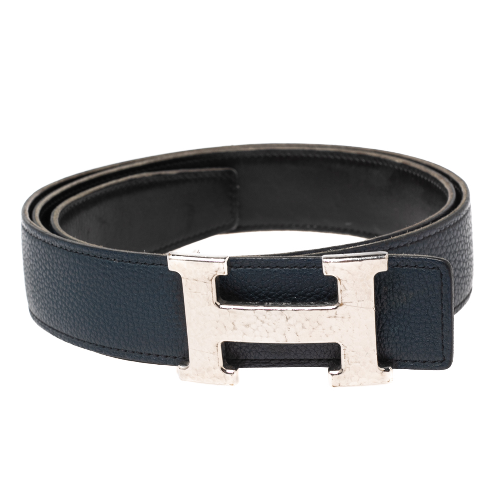 

Hermes Colvert Epsom and Box Leather Martelee H Buckle Belt, Blue