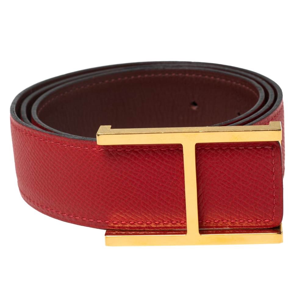 

Hérmes Rouge Casaque/Rouge H Epsom and Swift Leather Slim H Buckle Belt, Red