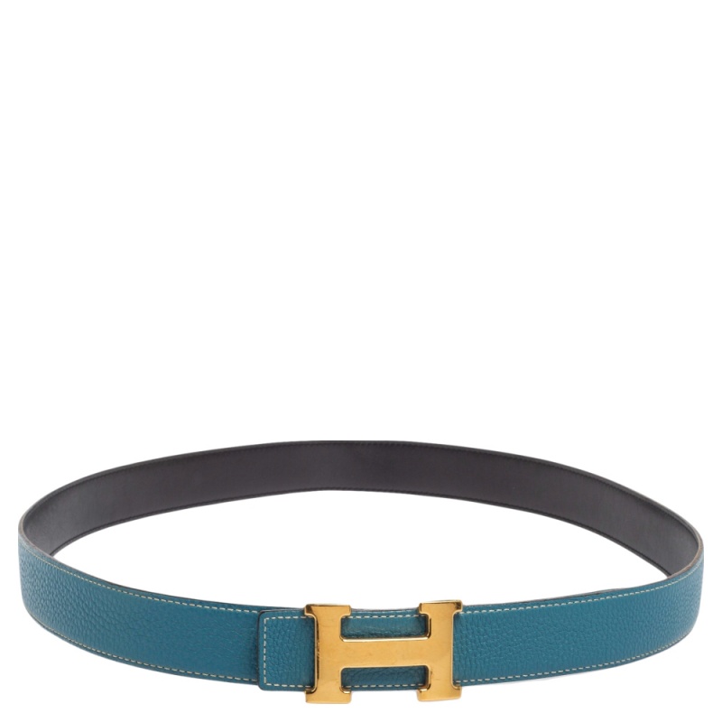 

Hermes Black/Bleu Jean Togo and Chamonix H Buckle Reversible Belt