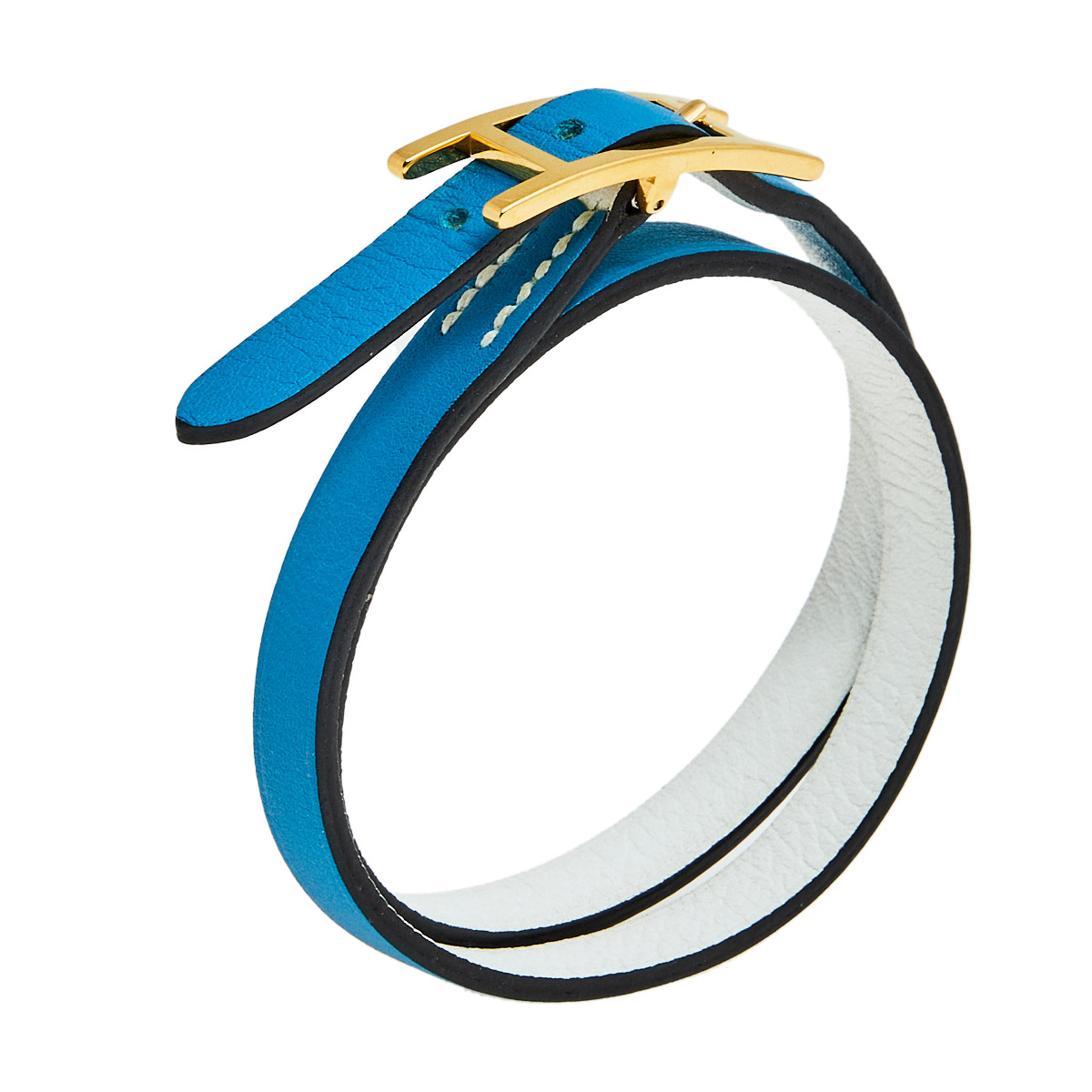 

Hermès White & Blue Leather Gold Plated Behapi Double Tour Bracelet