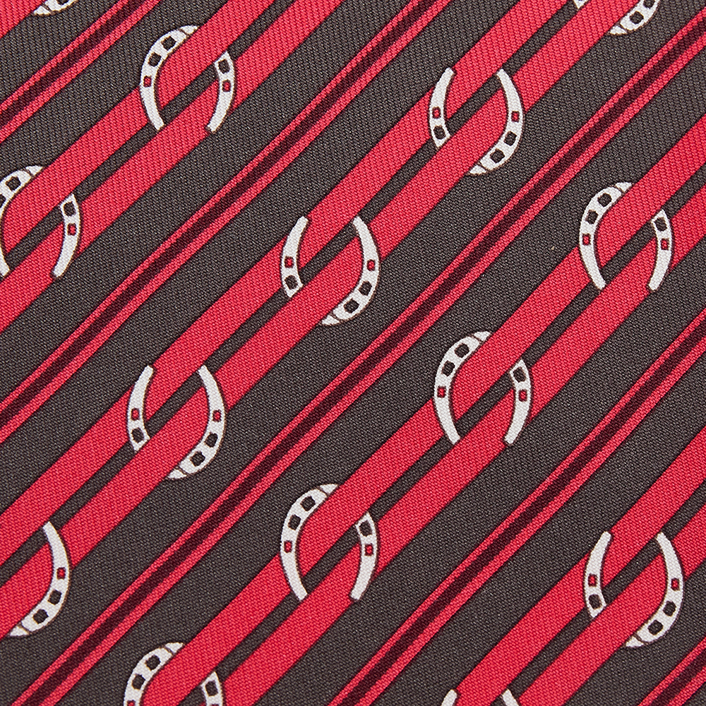 

Hermes Red Horsebit Stripe Printed Silk Tie