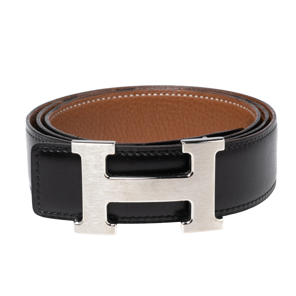 

Hermes Black/Gold Box and Togo Leather H Buckle Reversible Belt