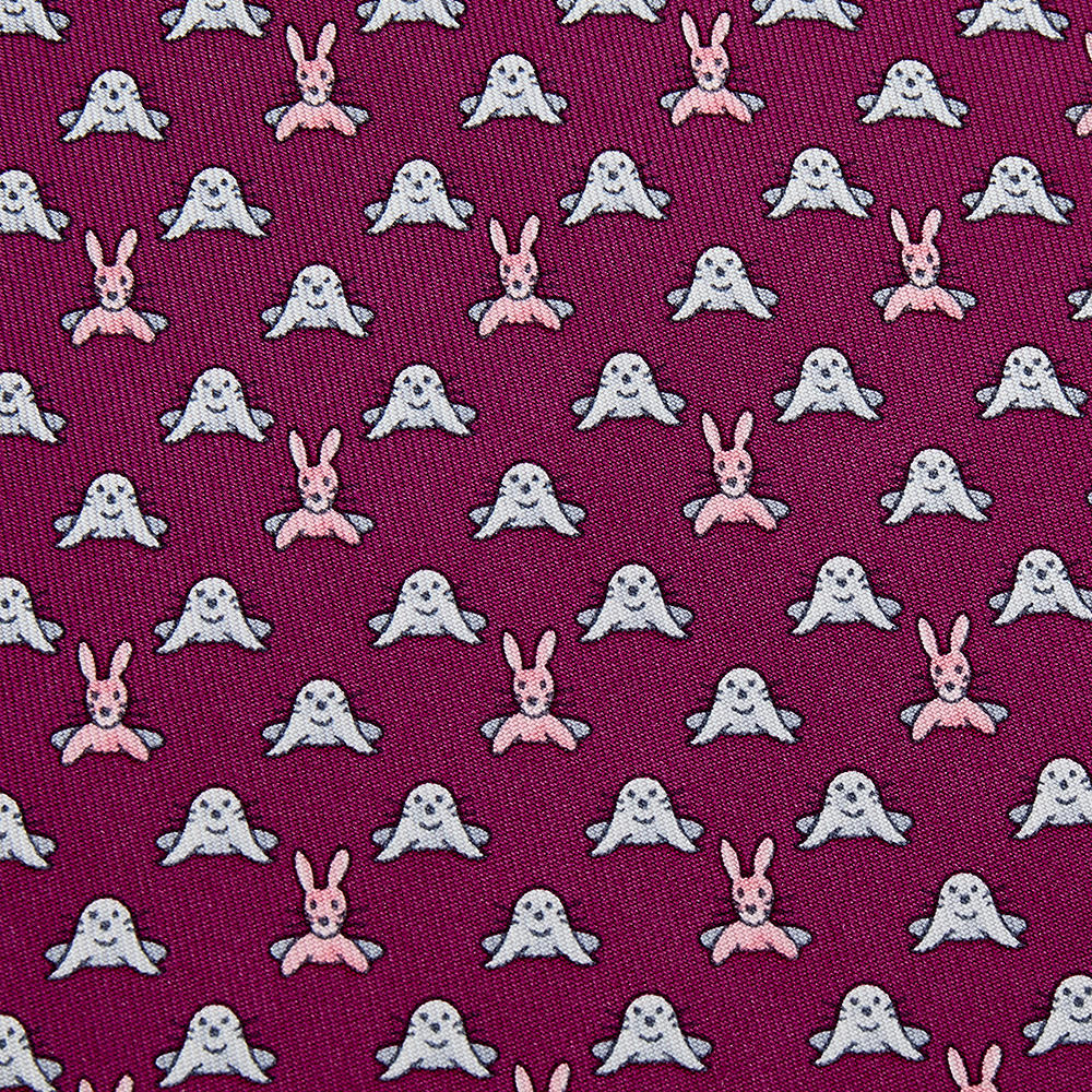 

Hermes Magenta Rabbit & Seal Printed Silk Tie, Pink