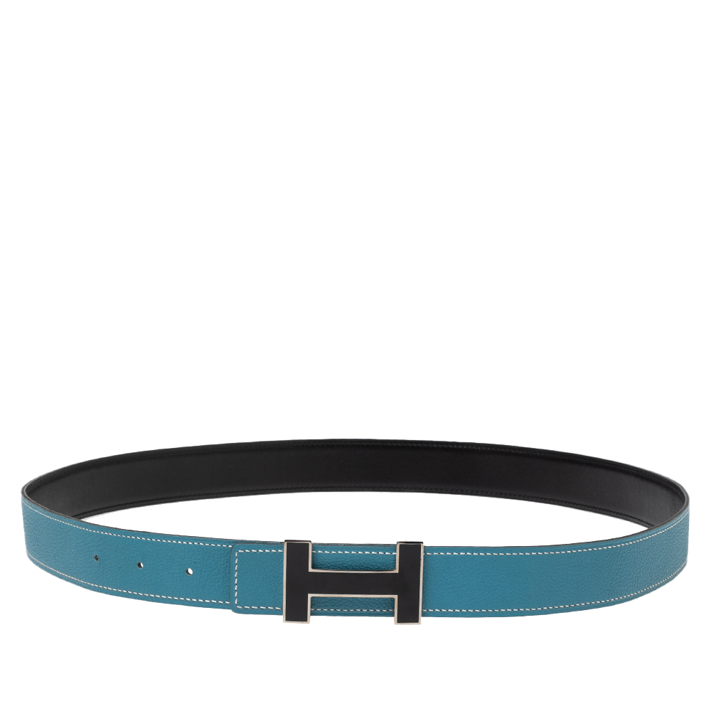 

Hermes Black/Blue Jean Box and Togo Leather Quizz Reversible Buckle Belt