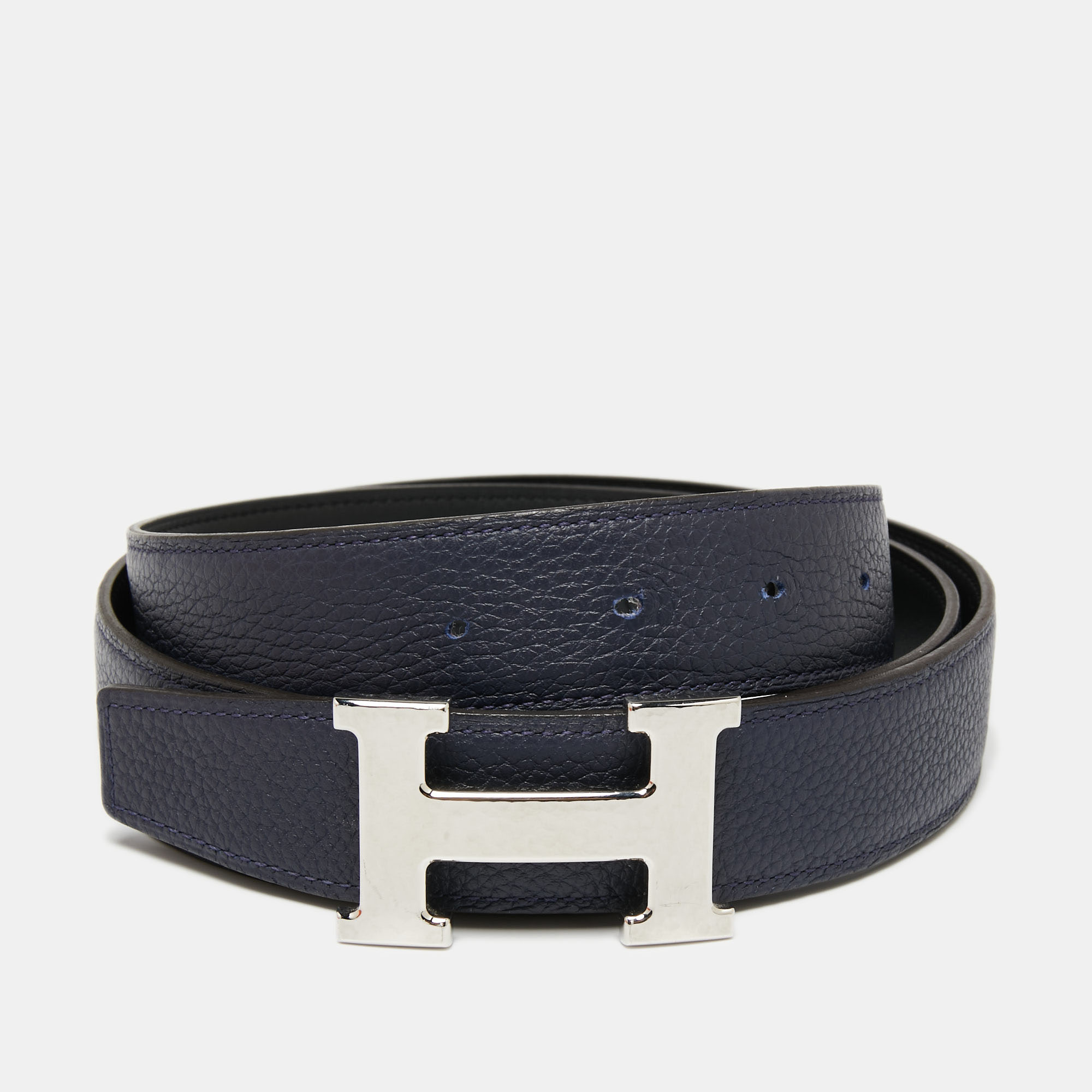 

Hermes Black/Bleu Nuit Chamonix and Togo Leather Hammered Finish H Buckle Reversible Belt, Blue