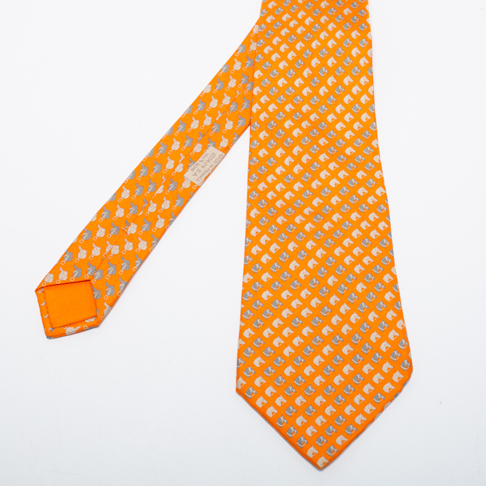 

Hermes Orange Horse Printed Silk Tie