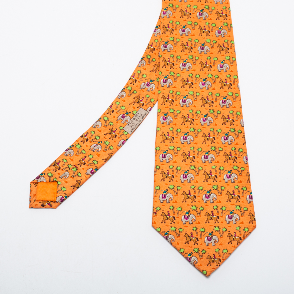 

Hermes Orange Animal Printed Silk Tie
