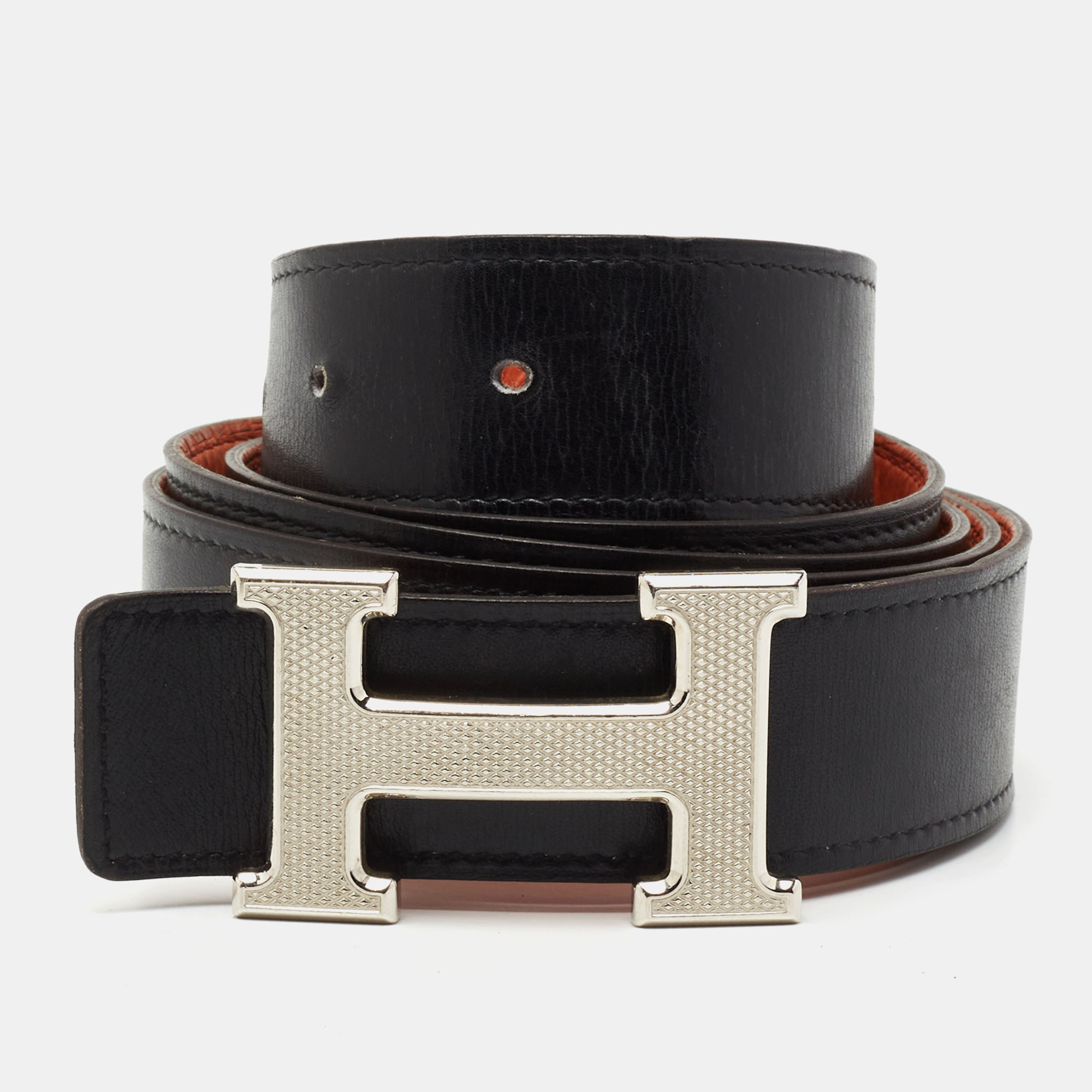 

Hermes Orange/Noir Togo and Chamonix Leather H Guillochee Reversible Belt