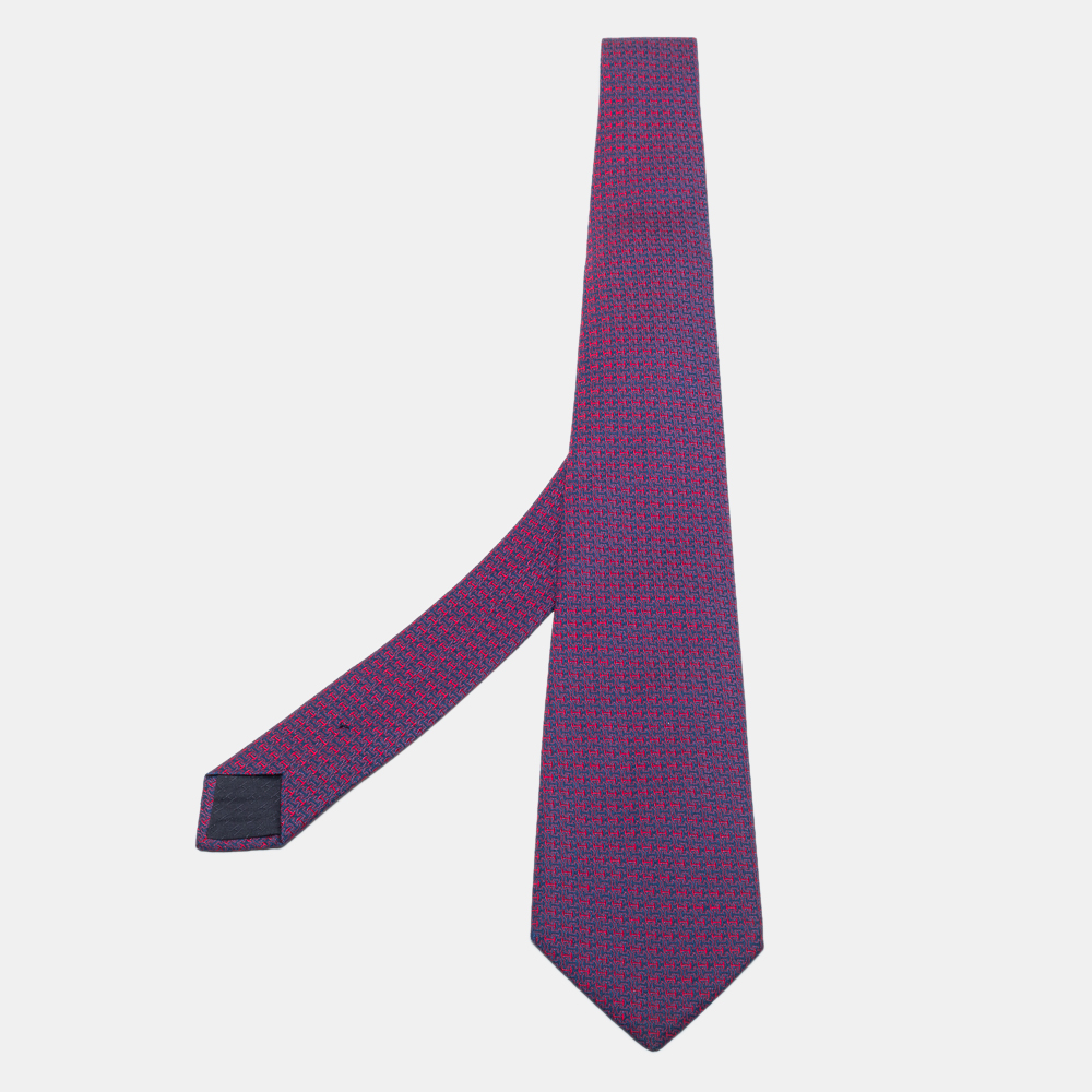 Pre Owned Hermès Purple H Patterned Jacquard Silk Tie