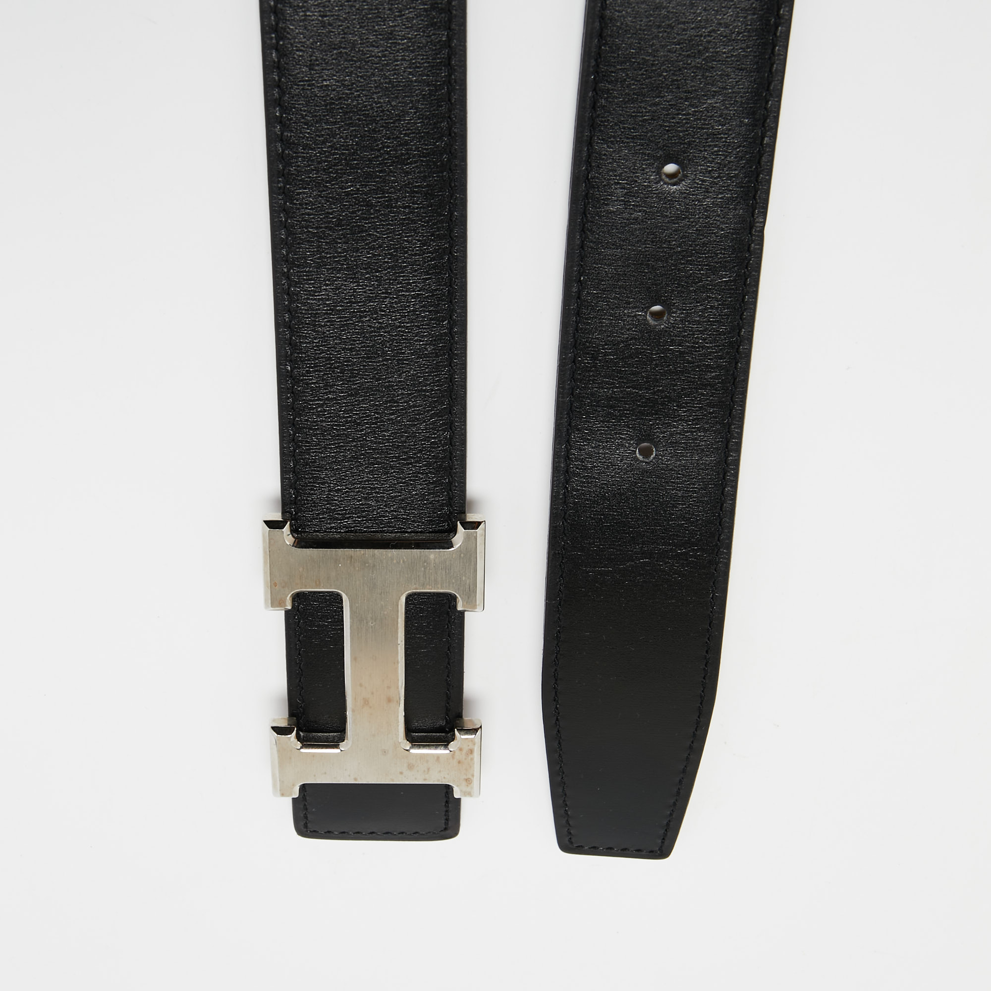 

Hermes Black/Gold Togo and Box Leather H Buckle Palladium Finish Reversible Belt