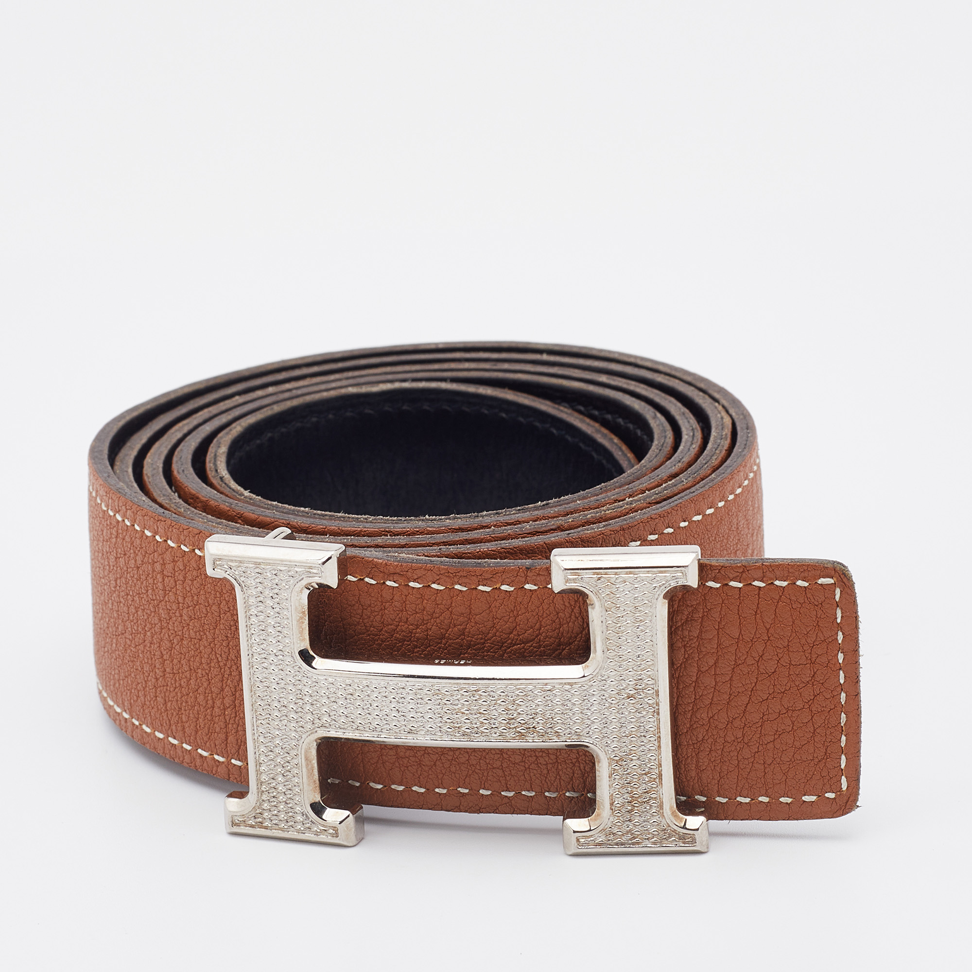 

Hermes Black/Gold Box and Togo Leather Palladium Finish H Guilloche Belt