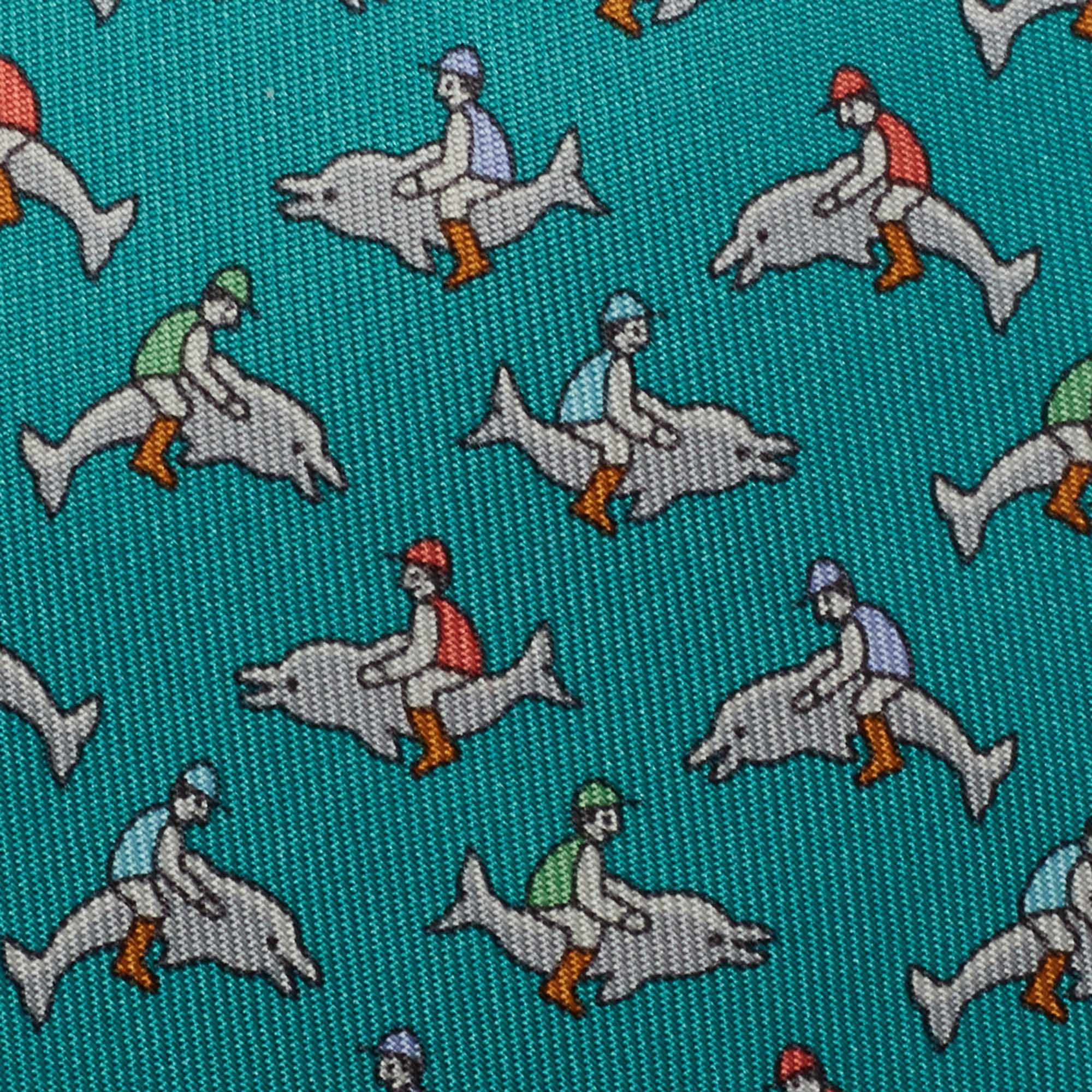 

Hermes Teal Blue Dolphin Print Silk Classic Tie