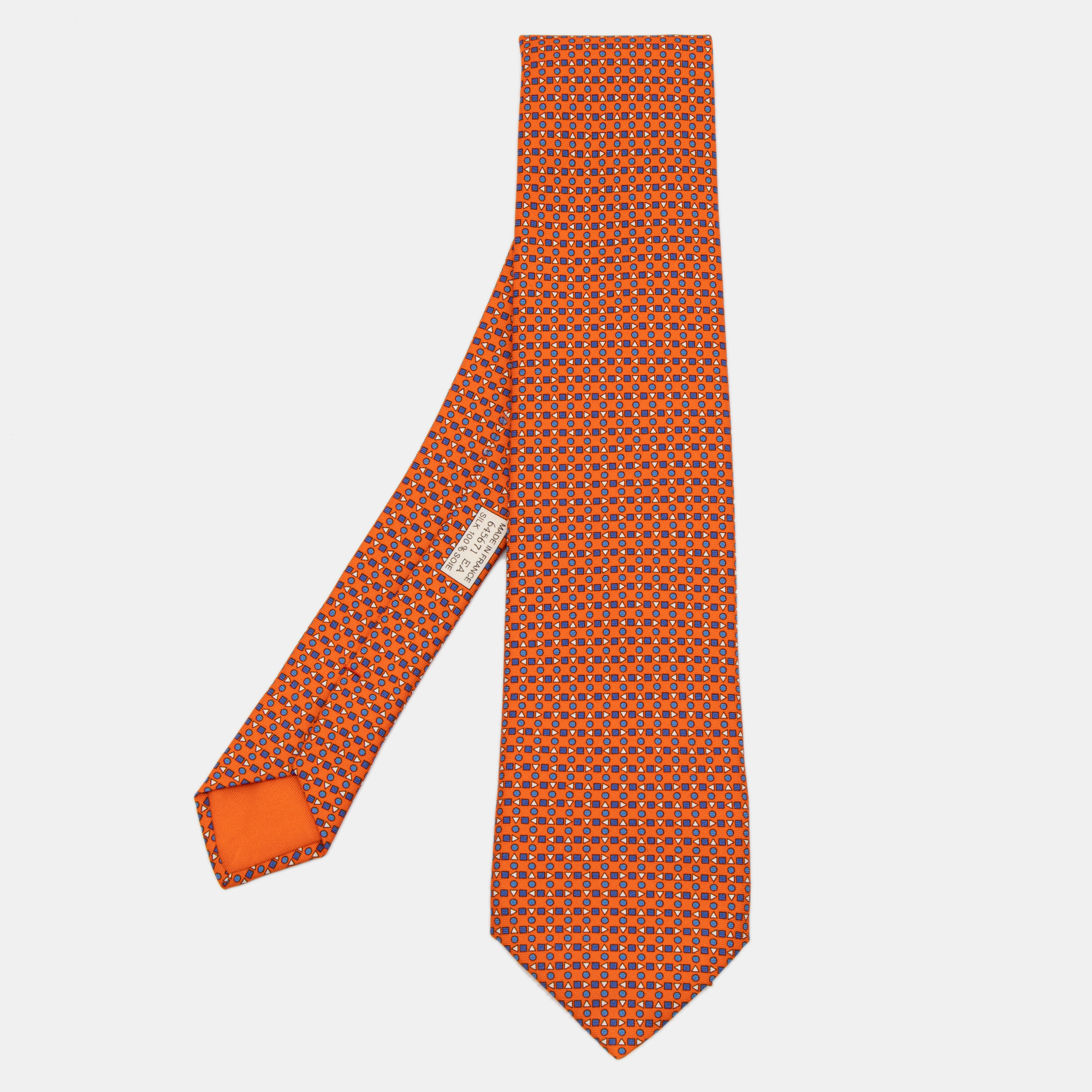 Pre Owned Hermes Orange Geometric Printed Silk Tie