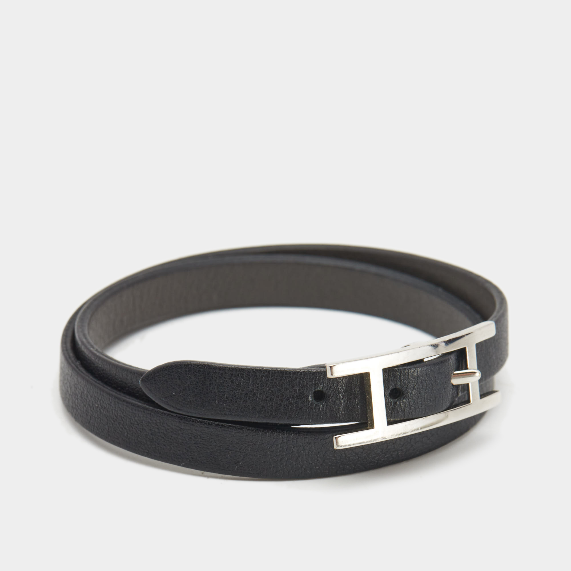 

Hermès Behapi Black/Grey Leather Palladium Plated Double Tour Bracelet