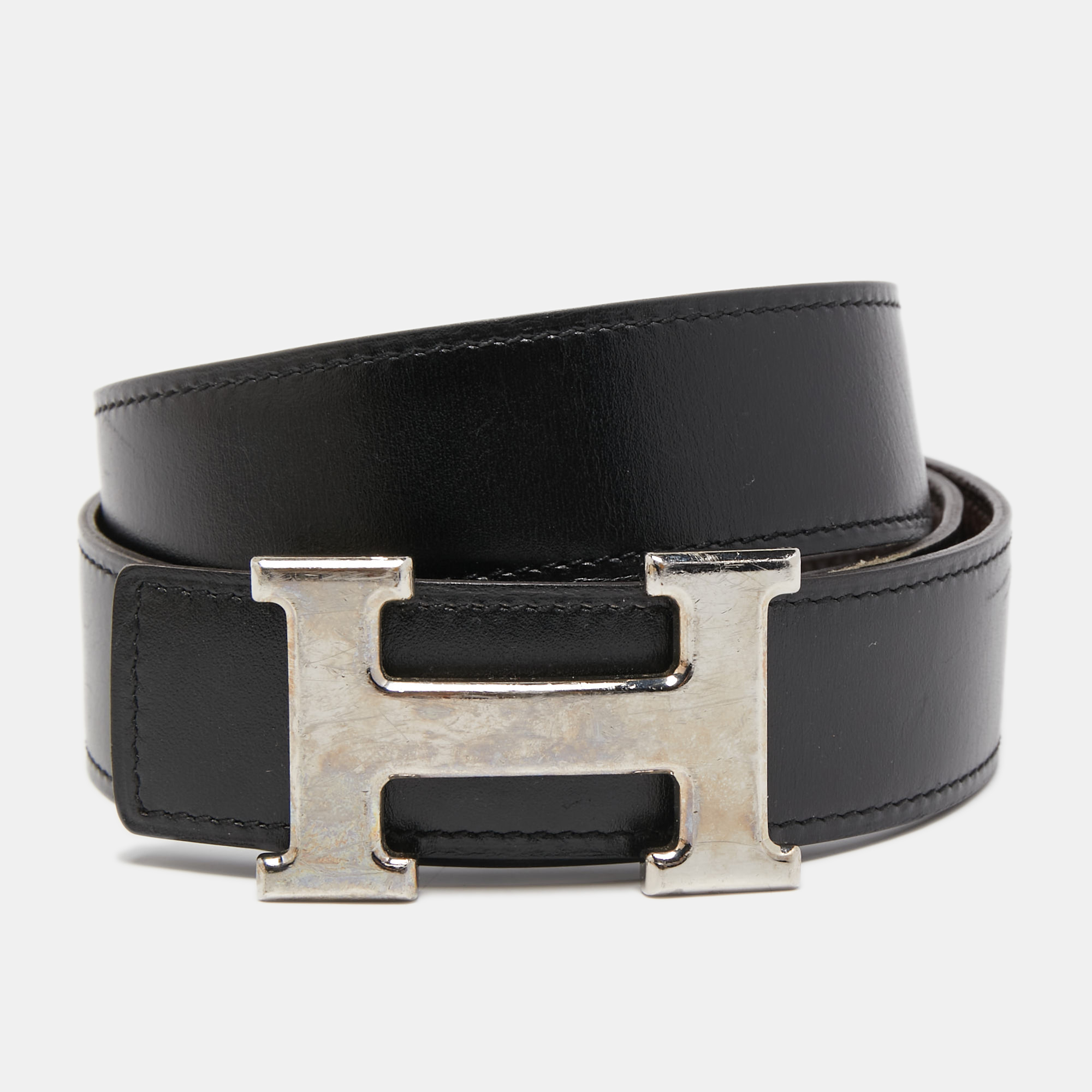 

Hermes Black/Chocolat Box and Togo Leather Reversible H Buckle Belt