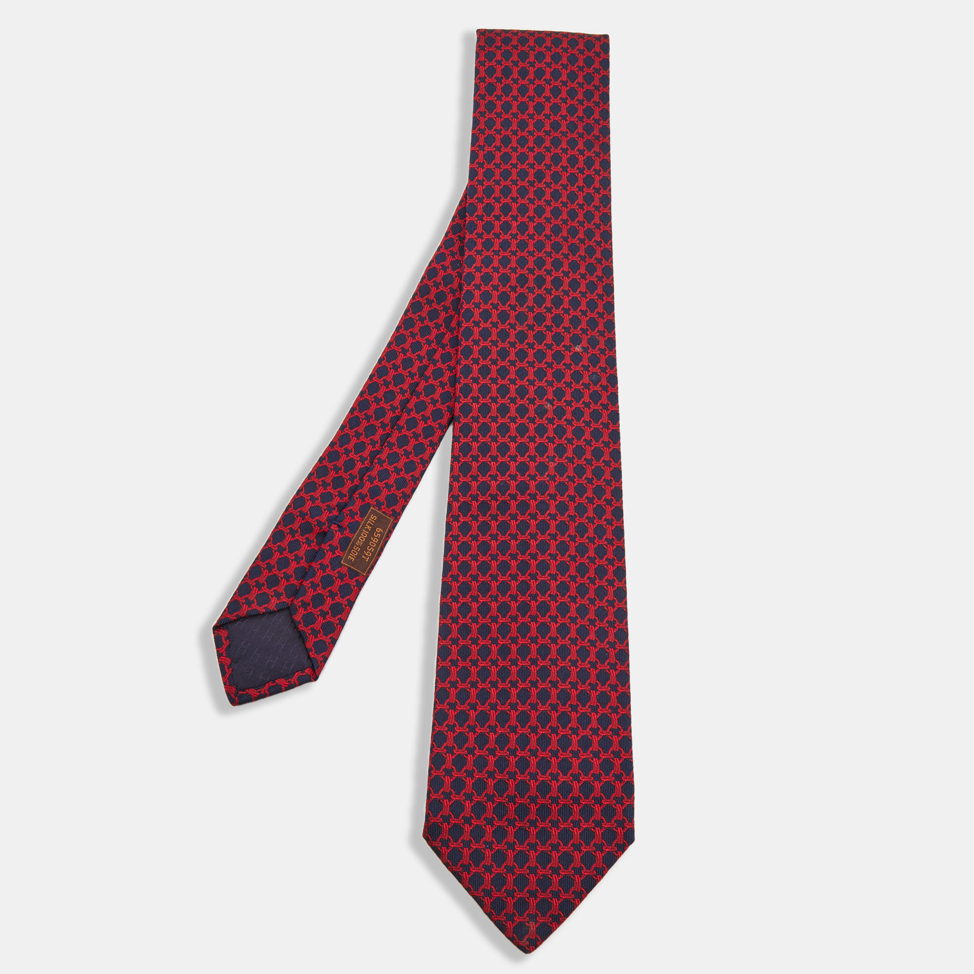 Pre-owned Hermes Navy Blue/red Patterned Silk Tie