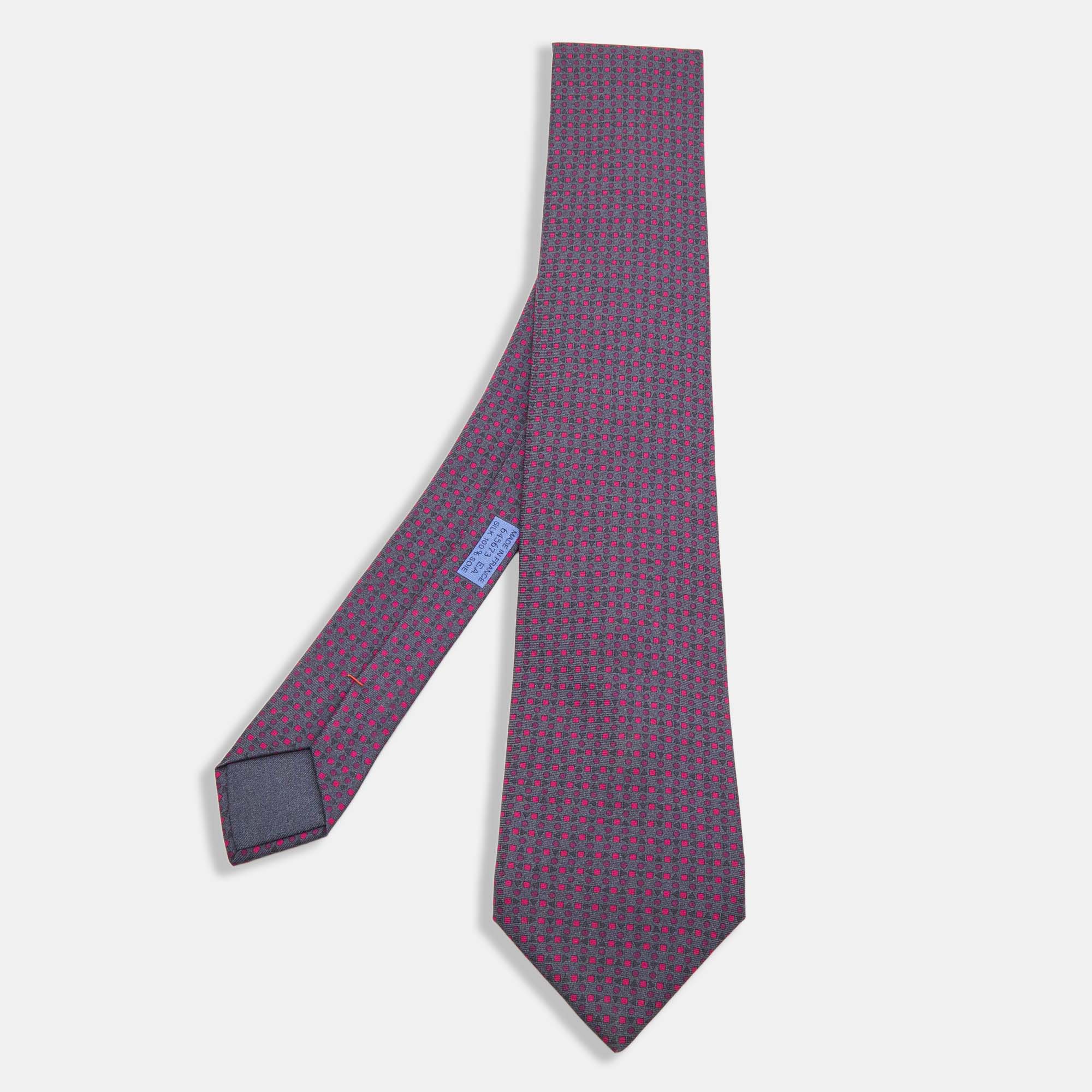 Pre-owned Hermes Grey/purple Geometric Print Silk Tie