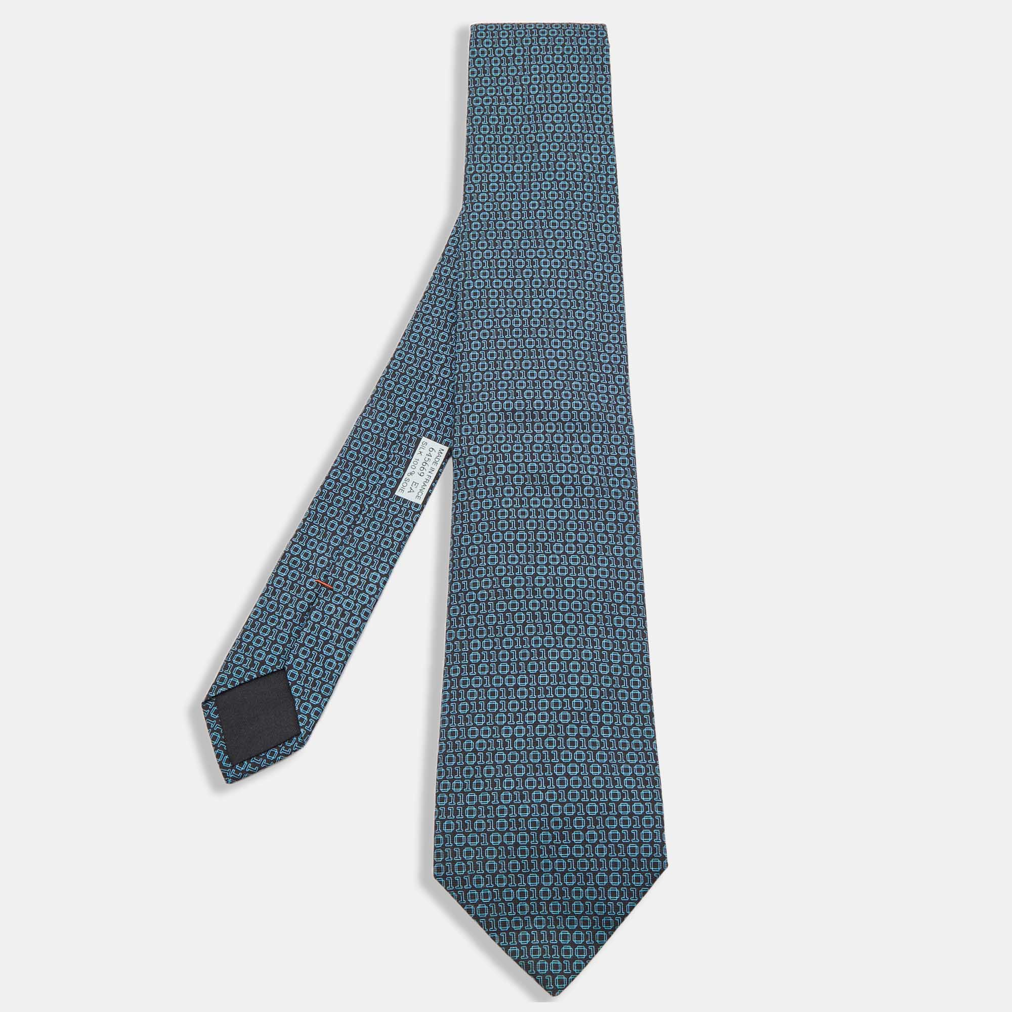 

Hermes Blue/Black Numerical Print Silk Tie