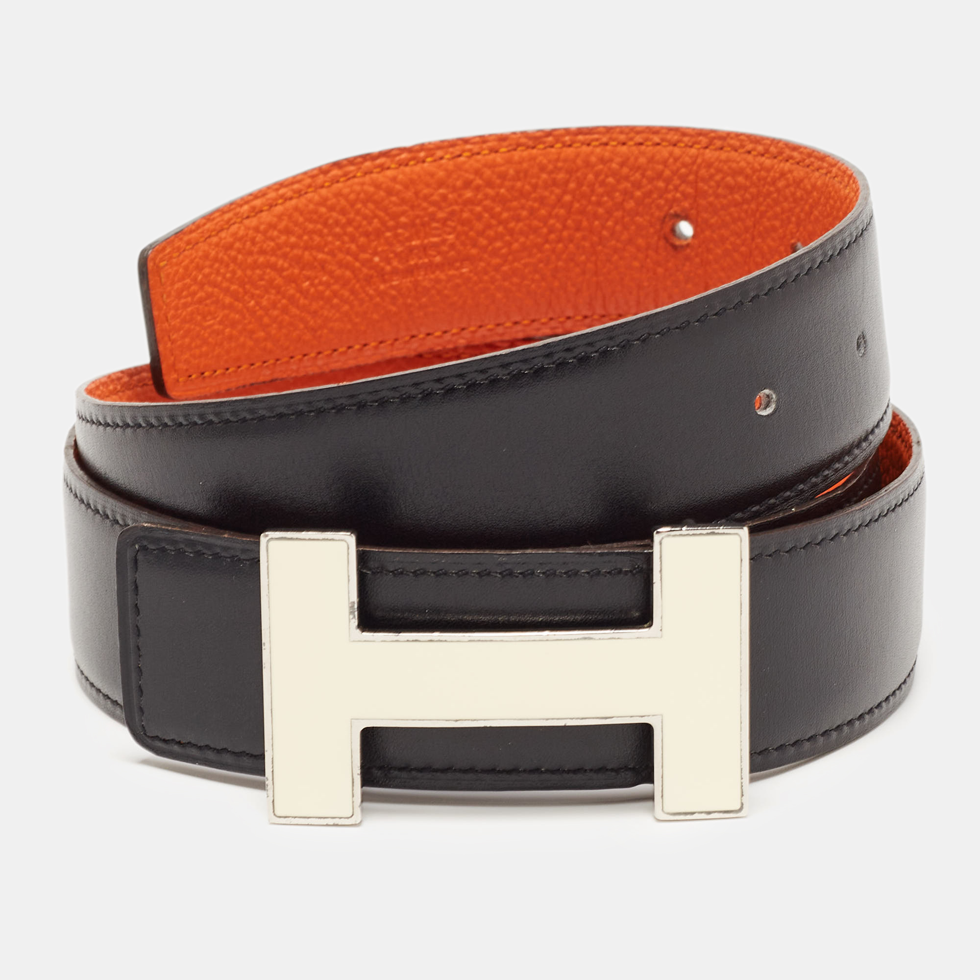 

Hermes Black/Orange Chamonix and Togo Quizz Reversible Belt