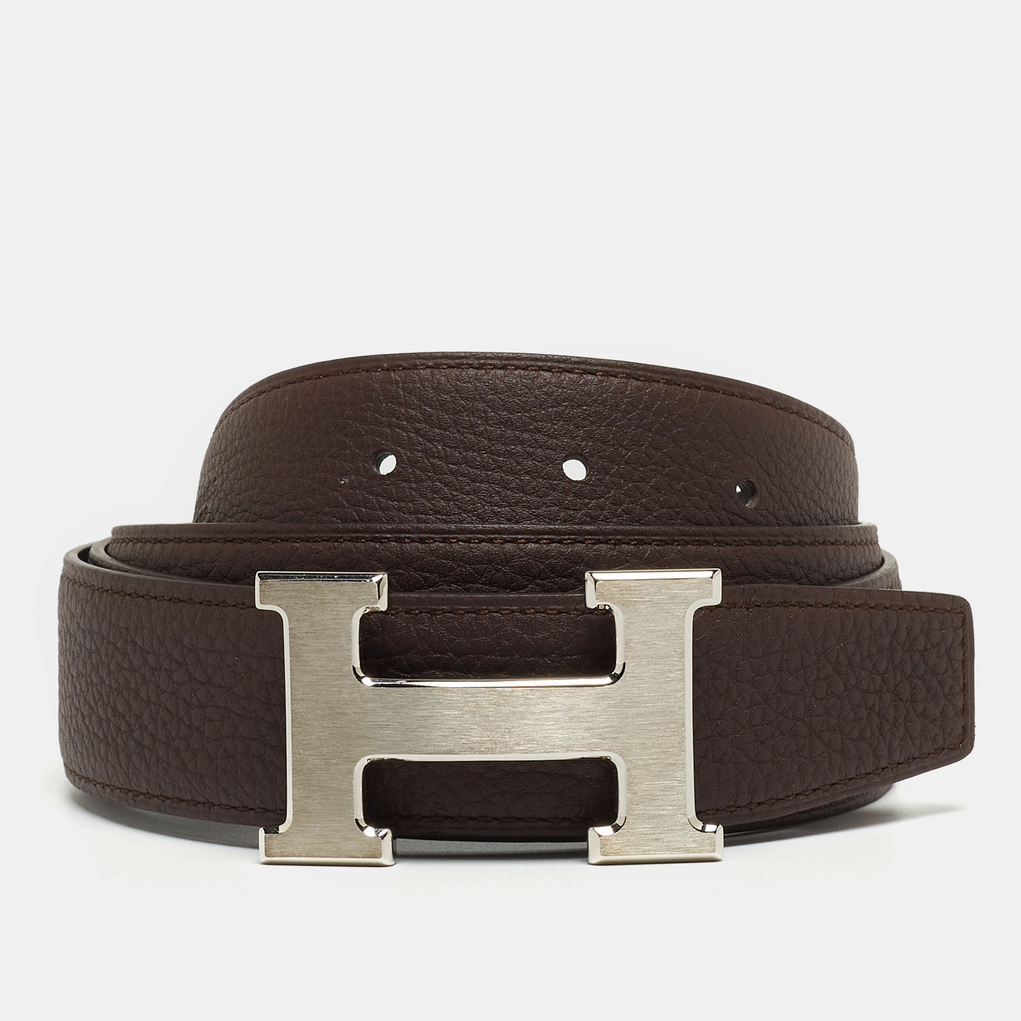 

Hermès Black/Moka Chamonix and Togo Leather H Buckle Belt