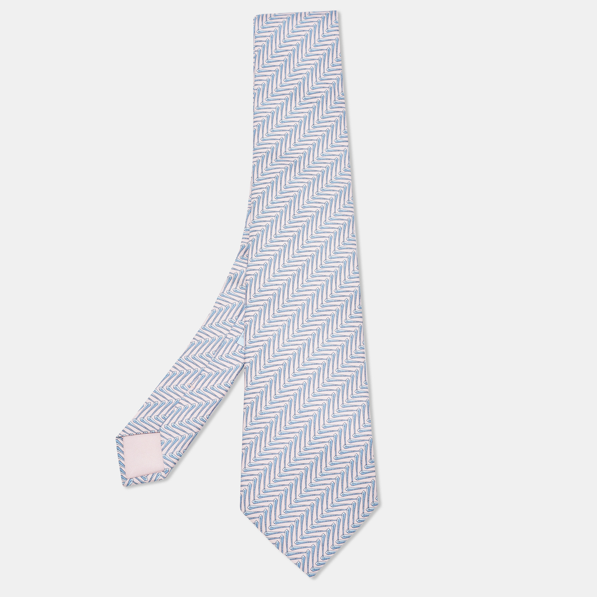 

Hermes Light Pink/Blue Geometric Print Silk Traditional Tie