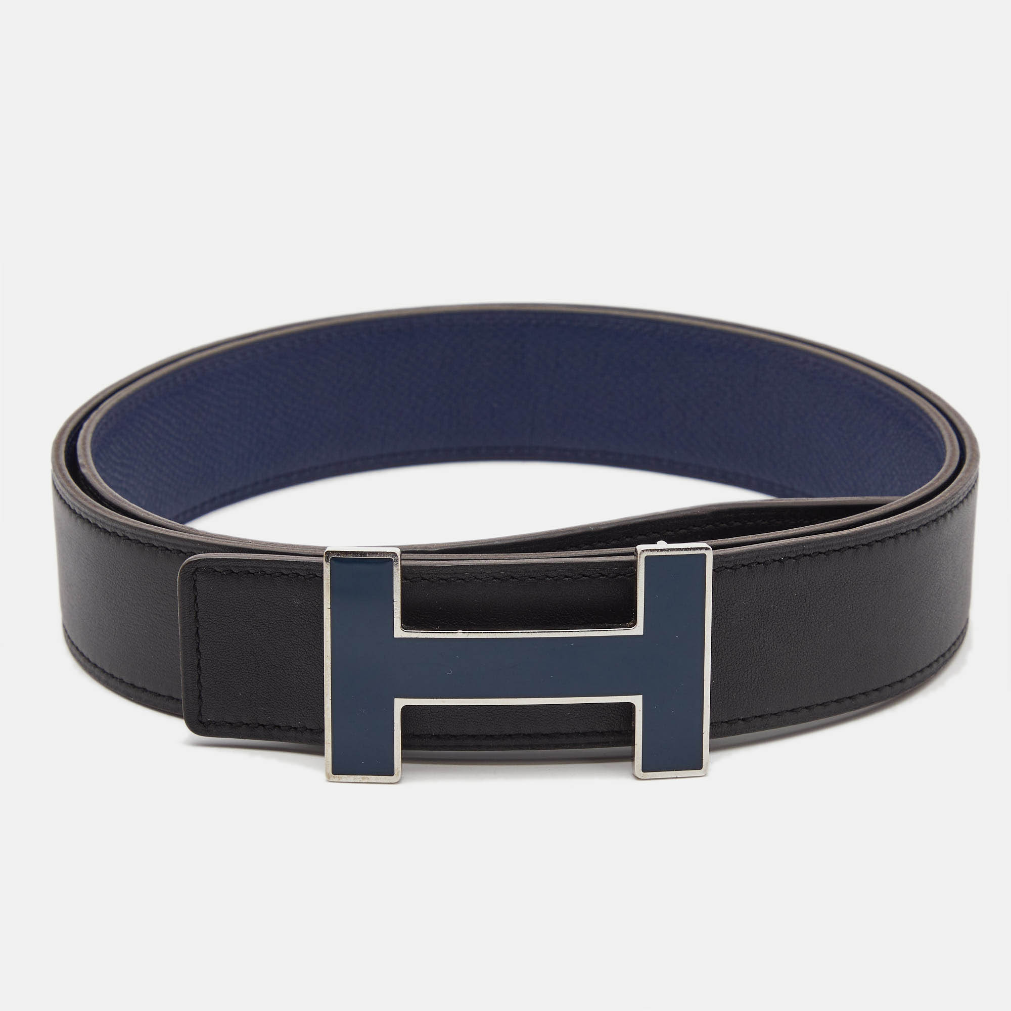 

Hermes Bleu Saphir/Noir Epsom and Swift Leather Quizz H Reversible Belt, Blue