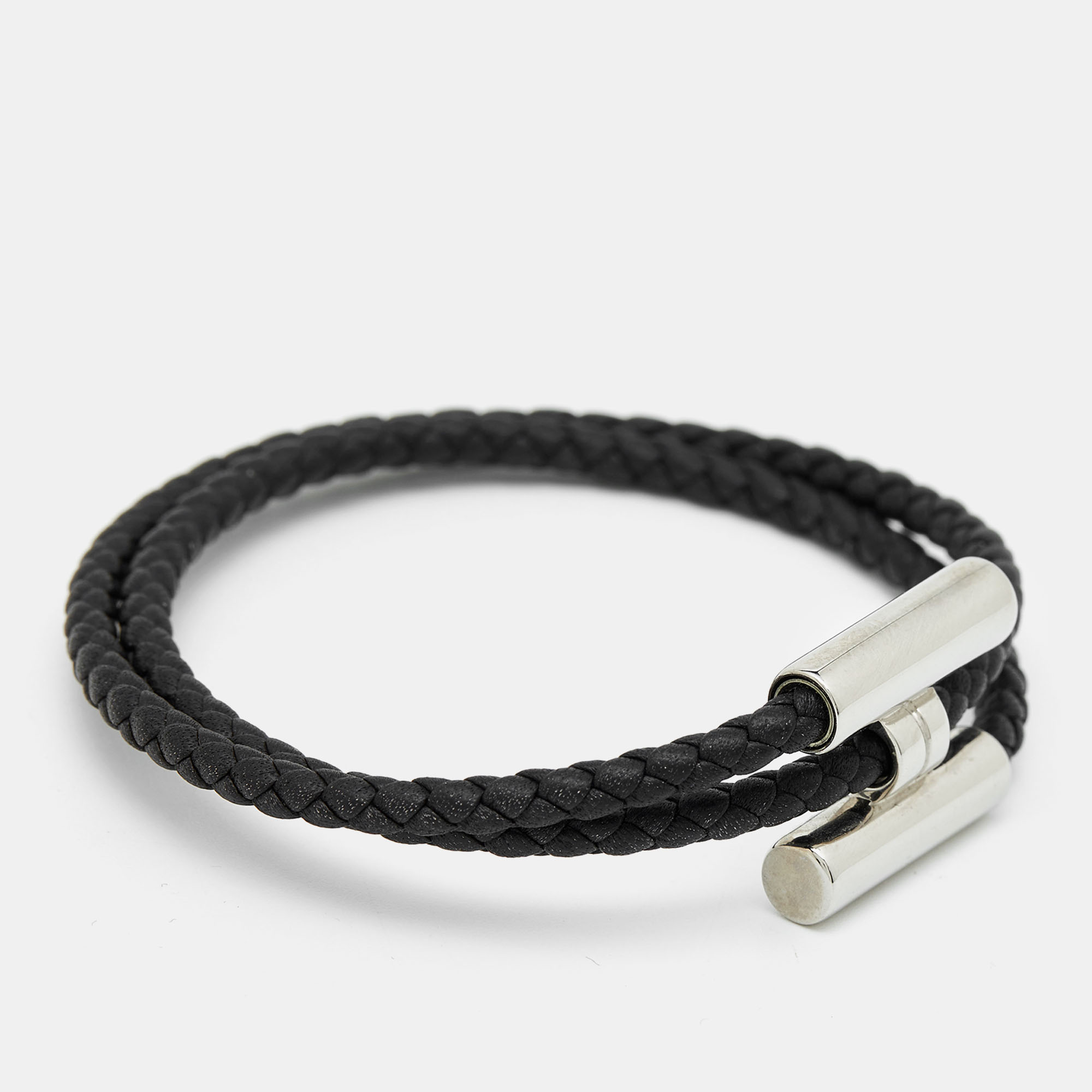 

Hermes Turnis Braid Leather Black Silver Tone Bracelet
