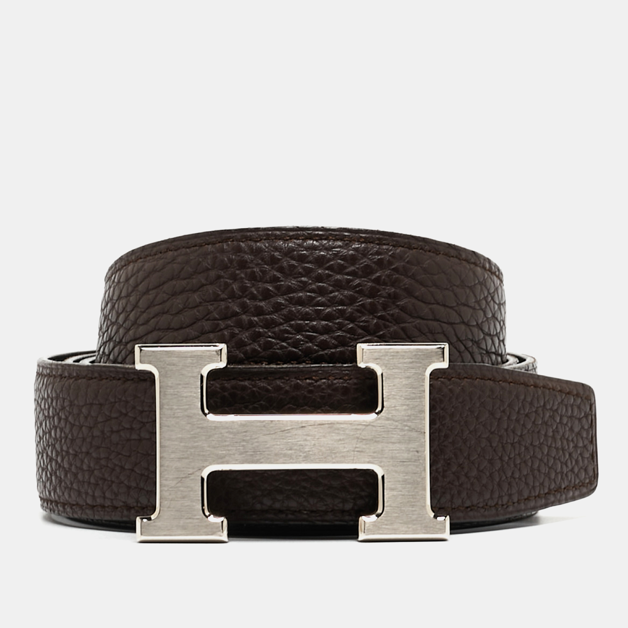 

Hermes Black/Chocolate Box Calf and Clemence Leather Reversible H Buckle Belt