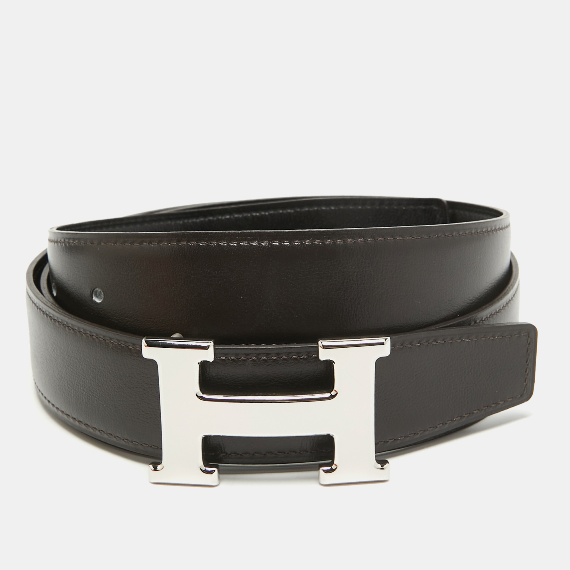 

Hermes Noir/Cacao Chamonix Leather H Buckle Reversible Belt, Black