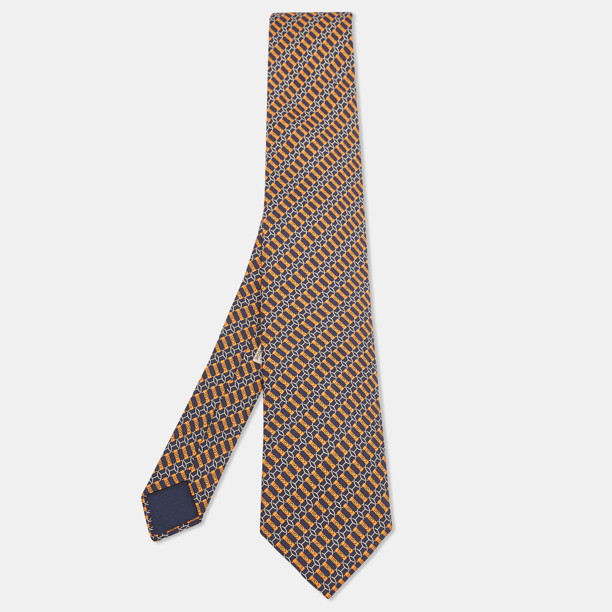 

Hermes Navy Blue/Orange Chain Link Print Silk Tie