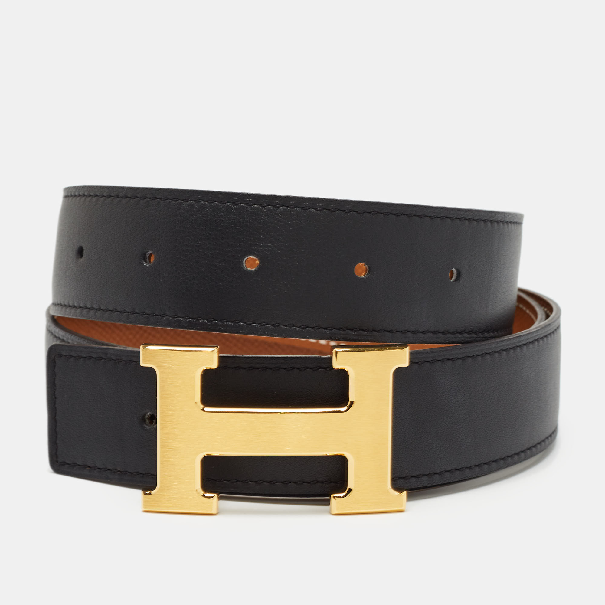 

Hermes Noir/Gold Swift and Epsom Leather H Buckle Reversible Belt, Black