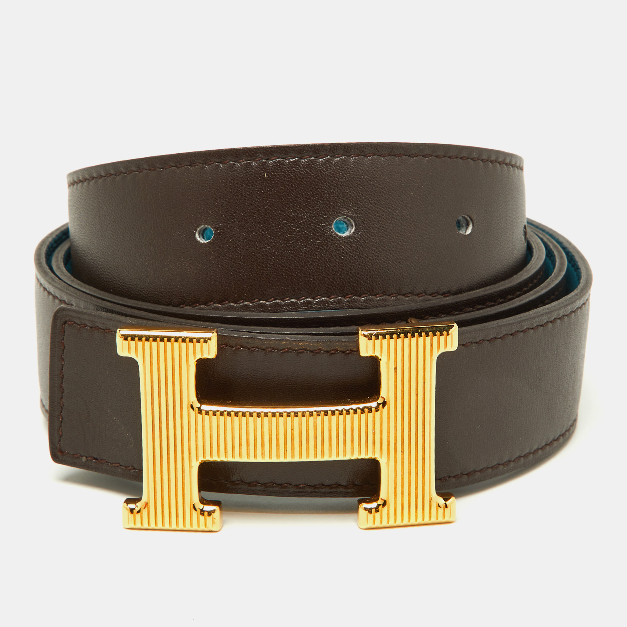 

Hermes Izmir/Chocolat Togo and Chamonix Leather H Striee Buckle Reversible Belt, Blue