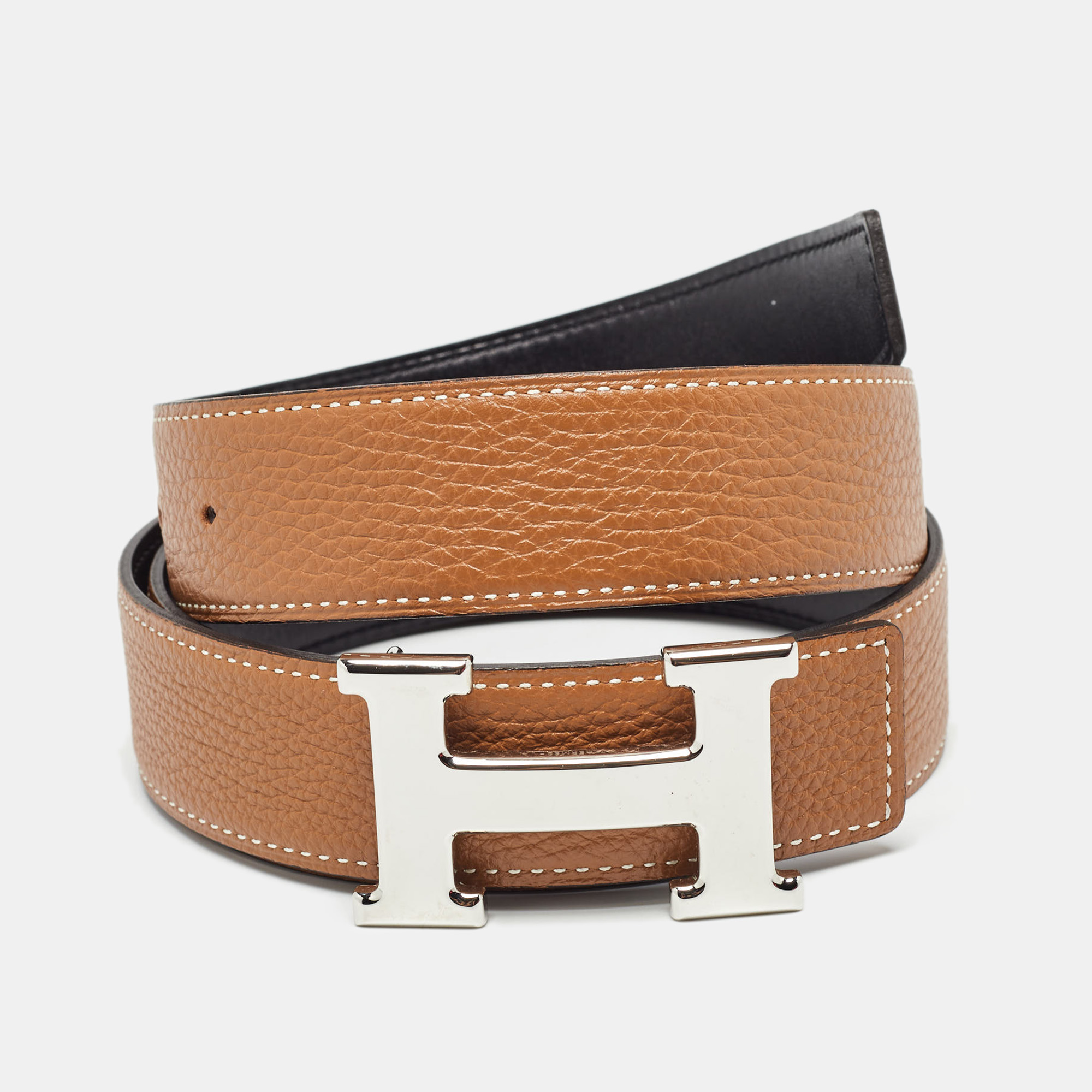 

Hermès Gold/Noir Togo and Chamonix Leather H Buckle Reversible Belt, Brown