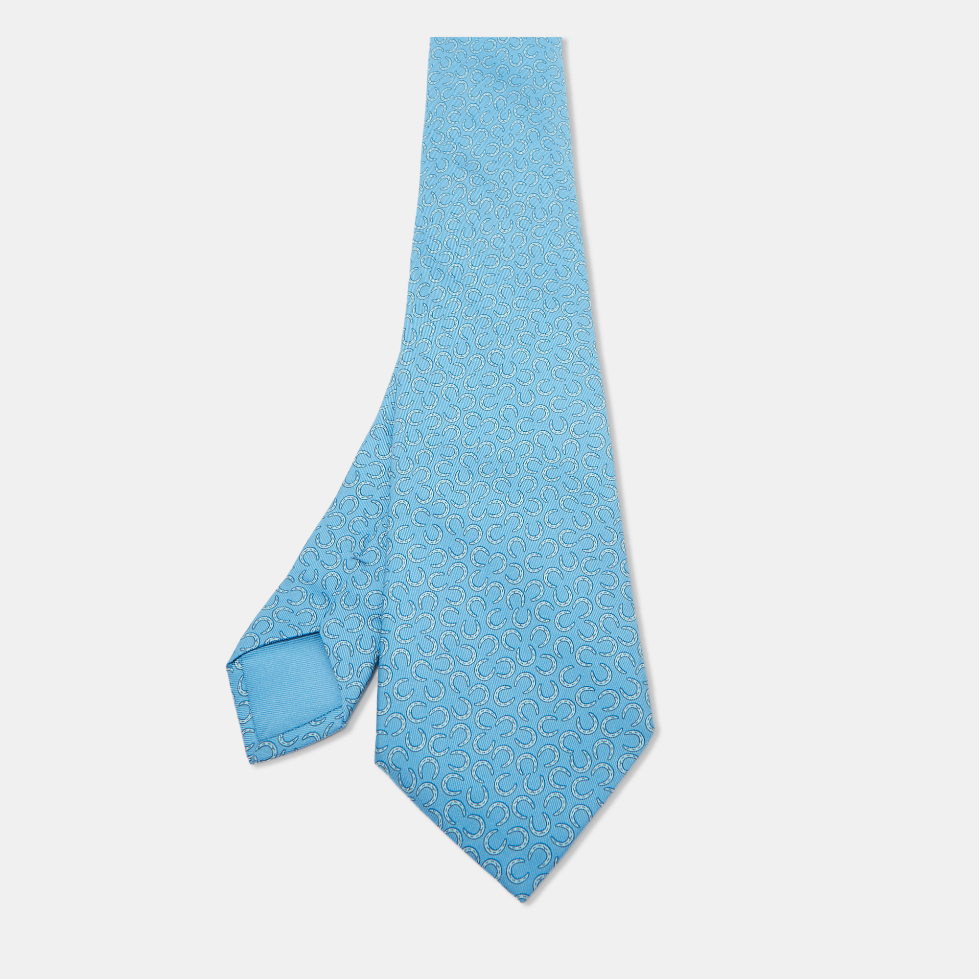 

Hermès Blue Horseshoe Print Silk Traditional Tie
