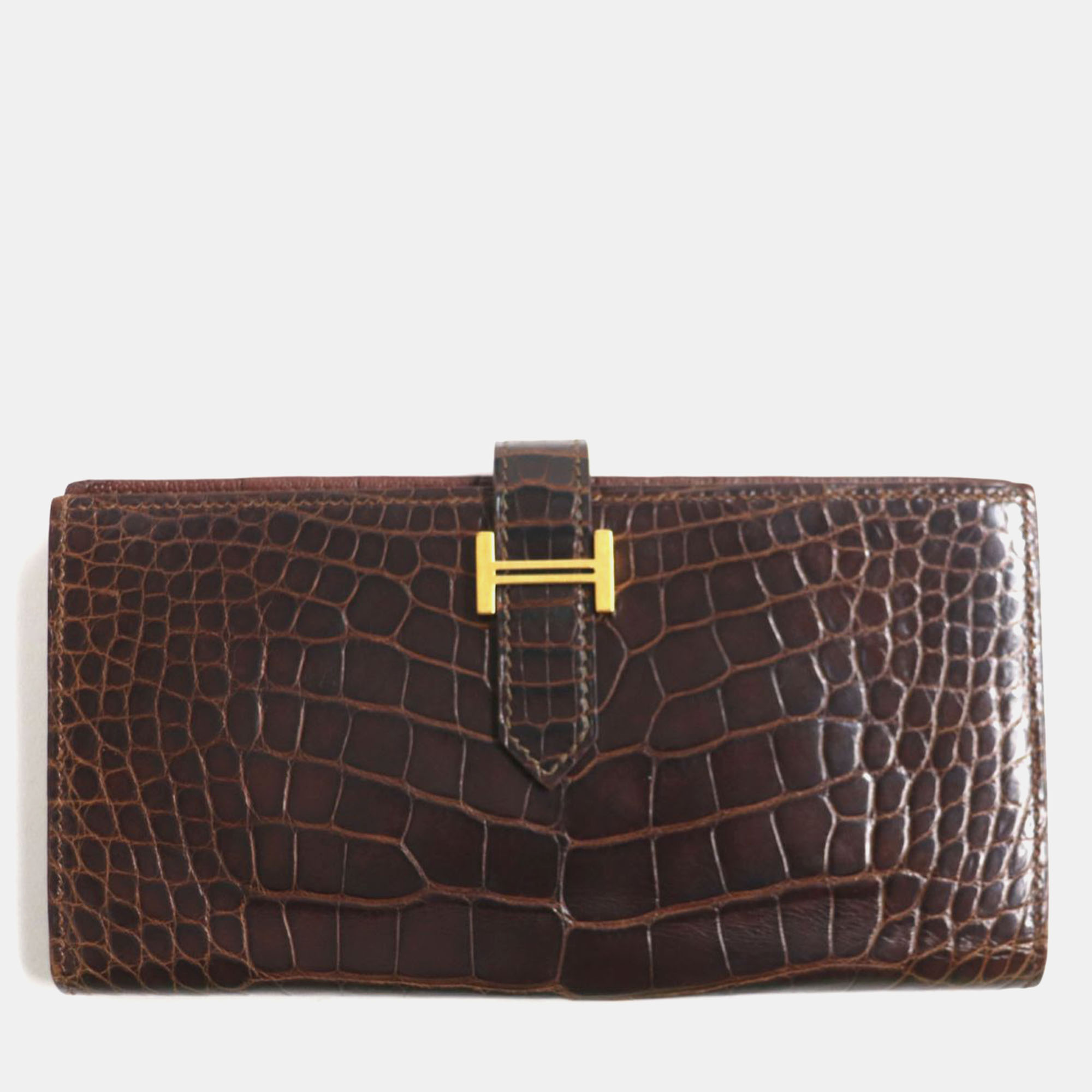 

Hermes Bearn Souffle Crocodile Leather Wallet Brown Leather