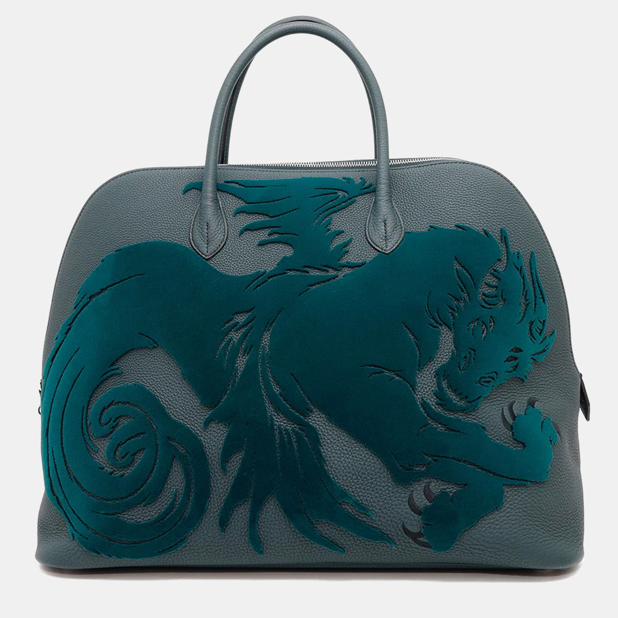 

Hermes Bolide 1923 45 Chimeres Dragon Vert Shipley Togo Leather Velvet Tote Bag, Green