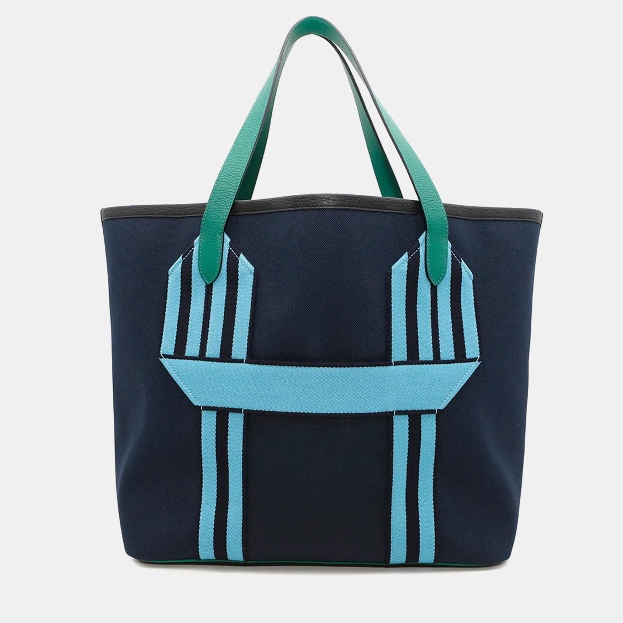 Hermes Pursangle Marine/Vert Vertigo Taurillon Clemence Leather , Wool and Canvas Tote Bag