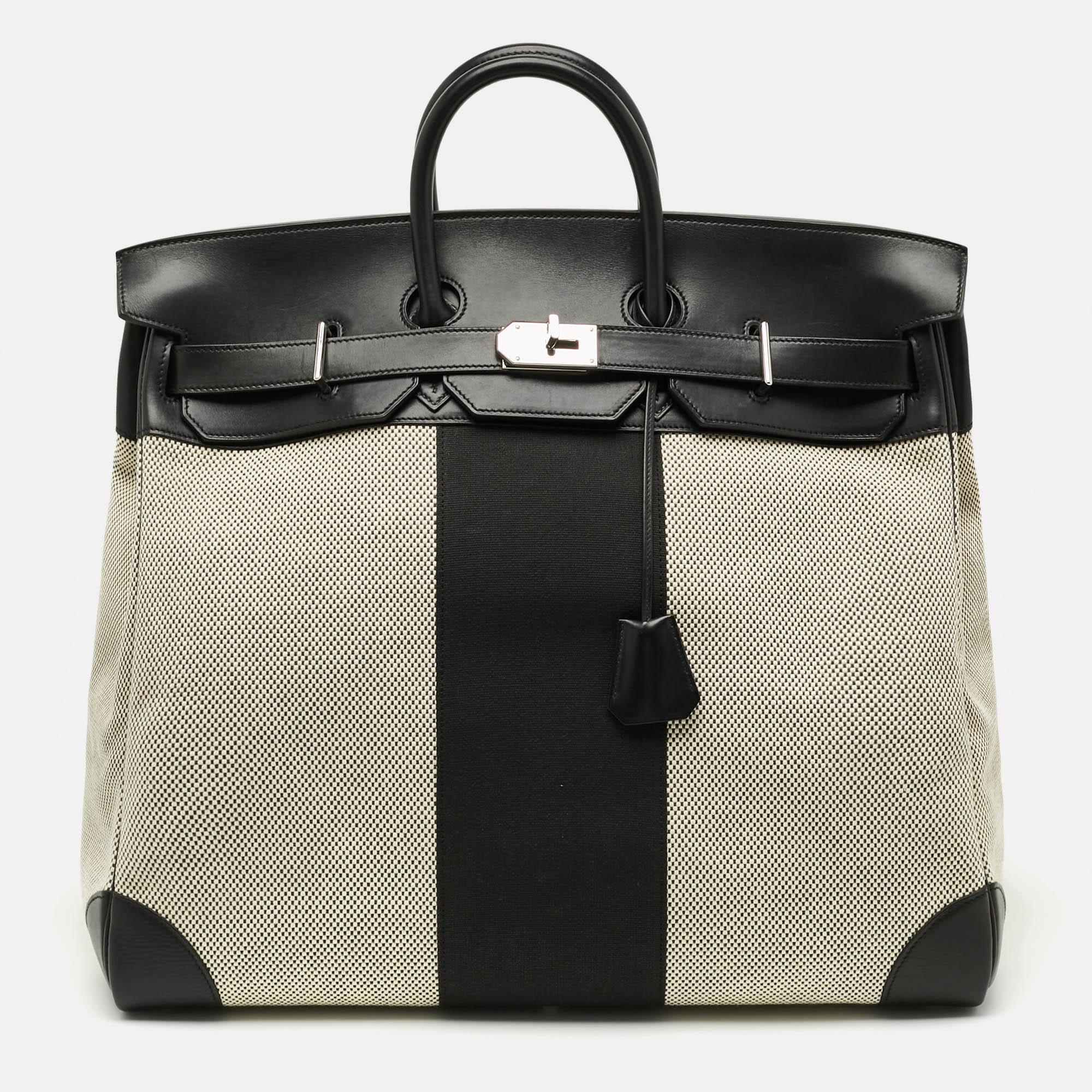 

Hermes Birkin HAC Flag 50 Palladium Finish Noir/Ecru Evercalf Leather and Toile Tote, Black
