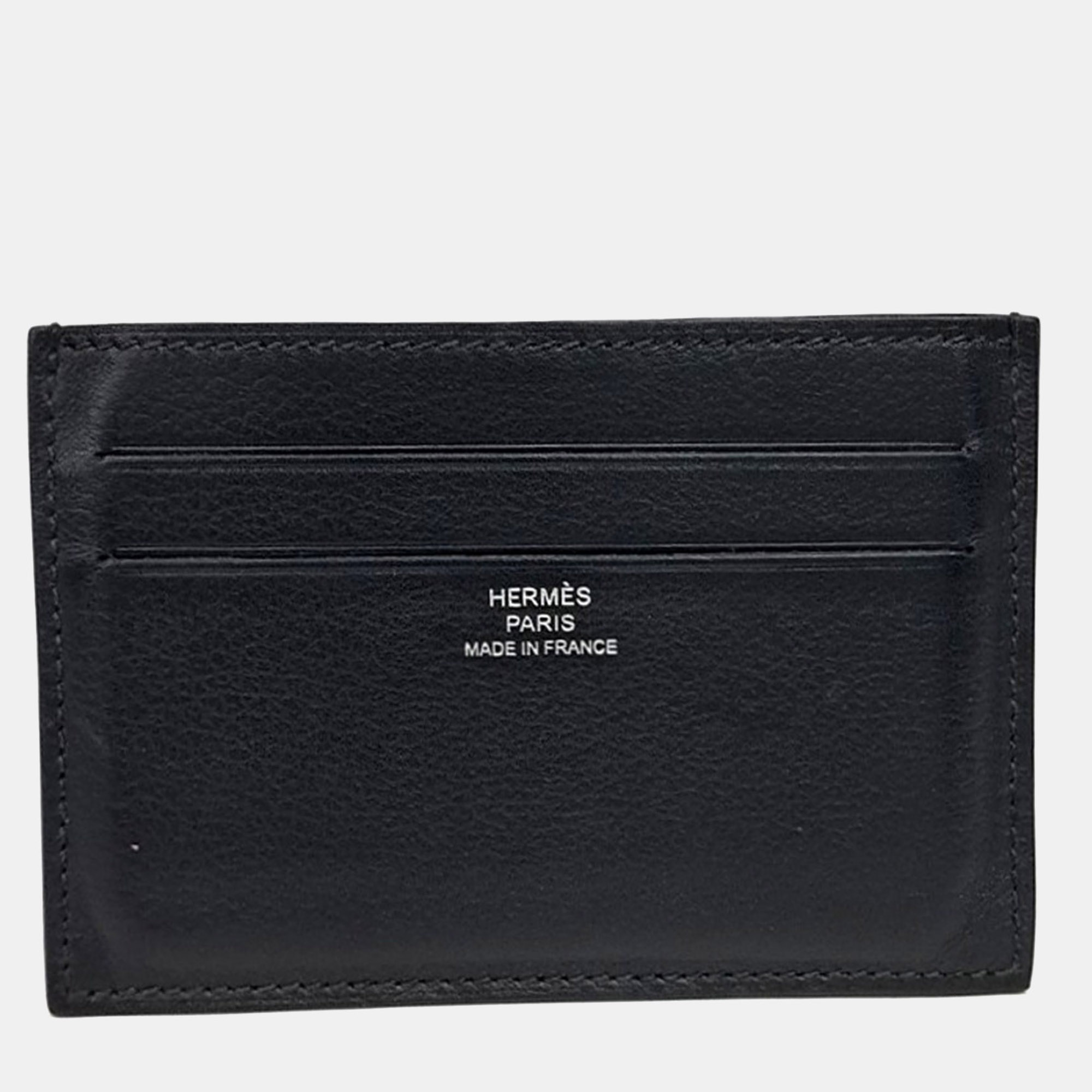 Pre-owned Hermes Black Leather Silkyin Card Holder (k)