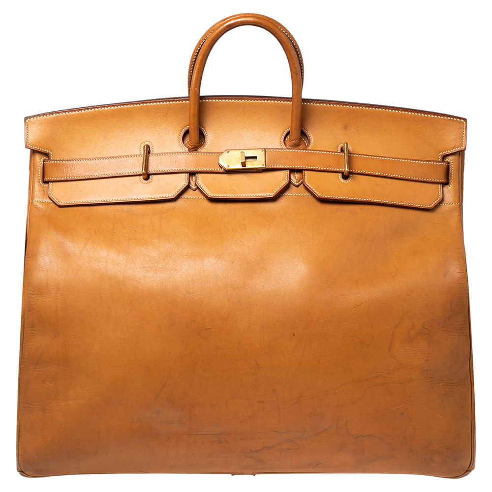 Preowned Hermes Natural Vache Leather Gold Plated Hac Birkin 55 Bag In