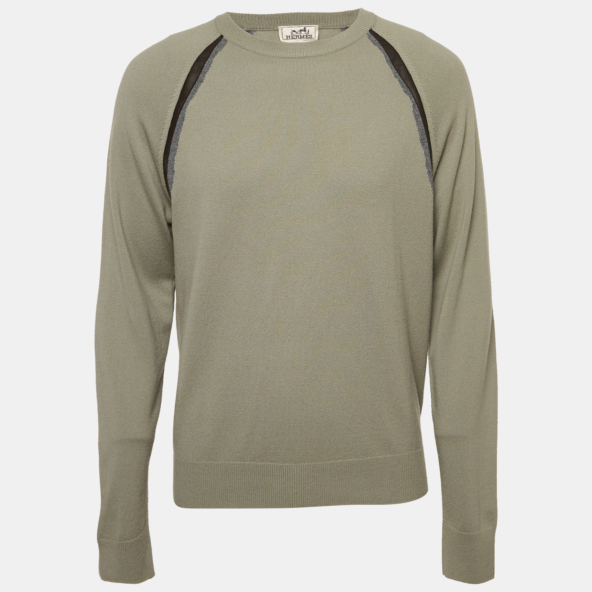 

Hermes Grey Wool Ondes Cuir Crewneck Sweater L